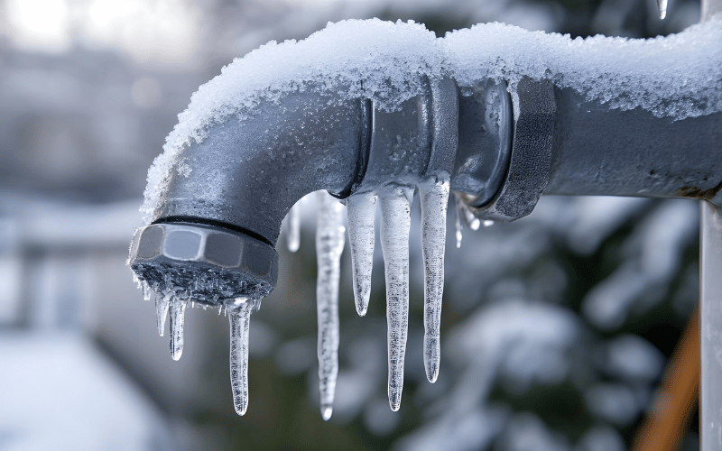 Robinet extérieur couvert de neige et de stalactites de glace