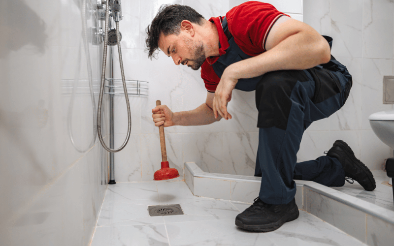 Plombier débouchant l'évacuation d'une douche à la ventouse