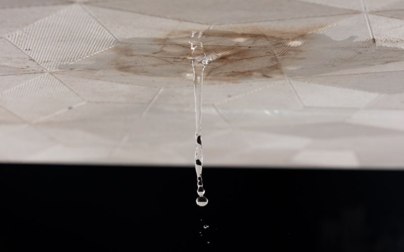 Tache d'humidité au plafond avec de l'eau qui goutte